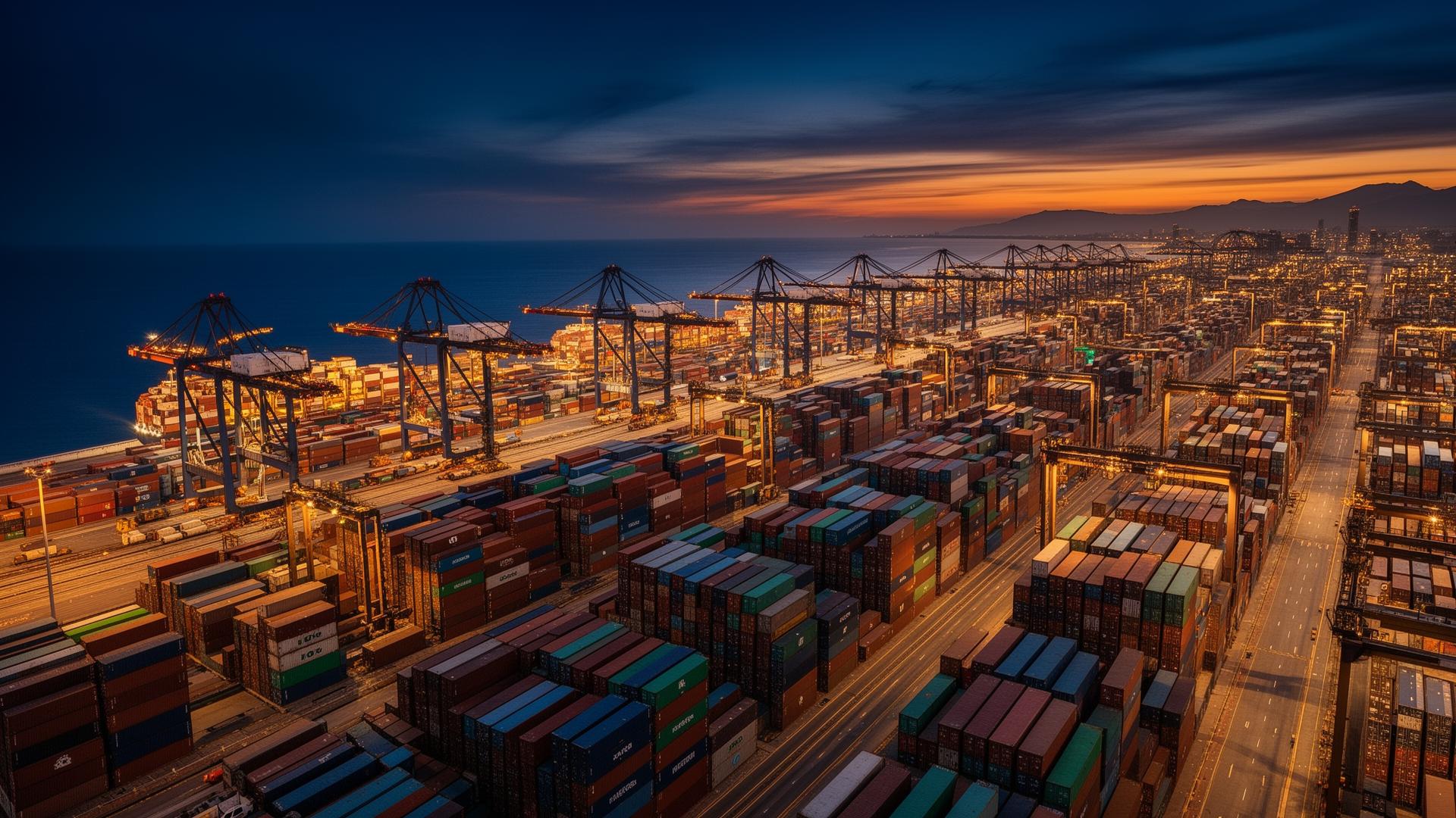 Container shipping port at dusk